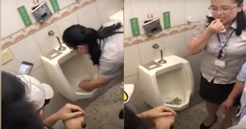 “The urinal is so clean you can eat from it.” Chinese Employees Eat Off Urinal To Prove It's Cleanliness - WORLD OF BUZZ