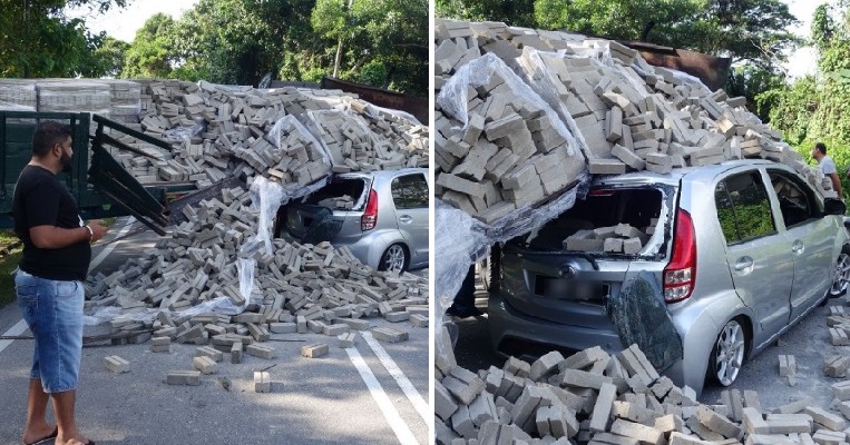 Lorry's Stalled Engine Causes Heavy Load Of Bricks to Fall on Passing Perodua Myvi - WORLD OF BUZZ