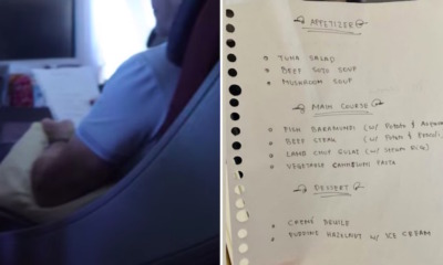 Travel Vlogger Posts Photo Of Handwritten Menu on Business Class Flight, Airline Reports Him to Police - WORLD OF BUZZ