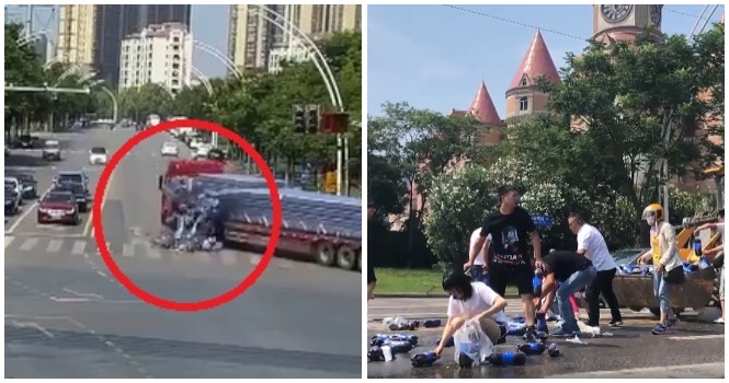 Soft Drink Bottles Spill Out Of A Truck When It Was Turning, Amazing People Kindly Help Pick Them All Up - WORLD OF BUZZ