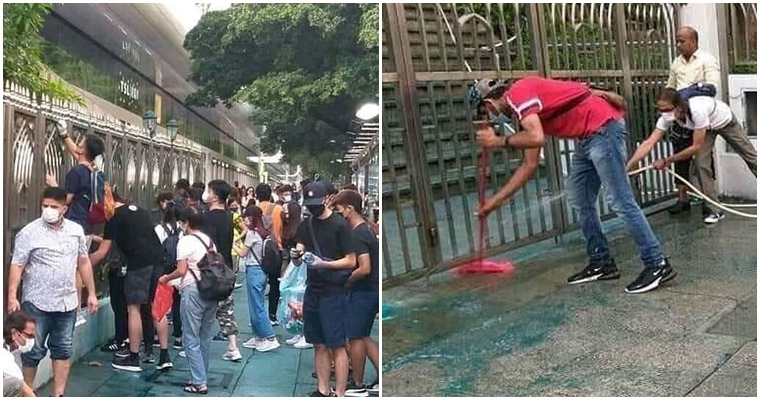 Hong Kong Civilian Felt Guilty And Unitedly Cleaned Up A Mosque After Spraying It With Blue Water Cannon - WORLD OF BUZZ 4