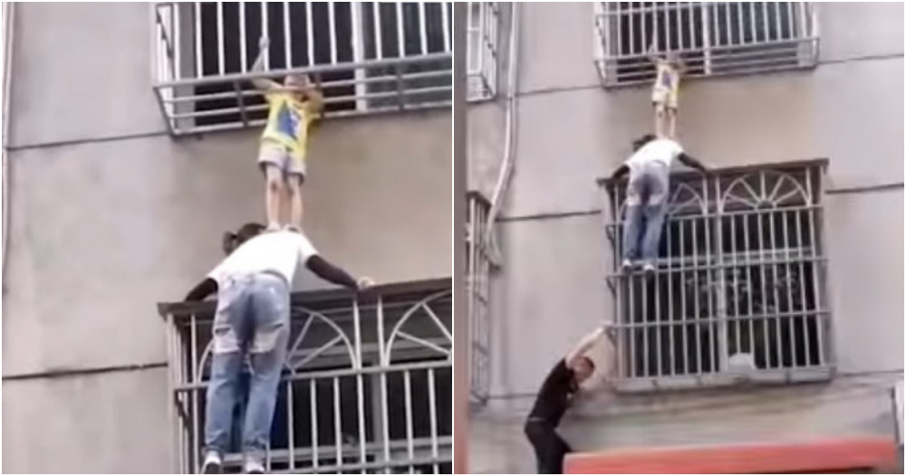 China woman help toddler hanging from window ft