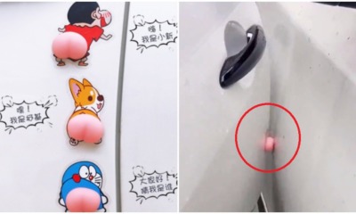 Collage of squishy butt stickers on car door crayon shin chan doraemon corgi