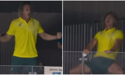 DeanBoxall swimming coach reaction at win