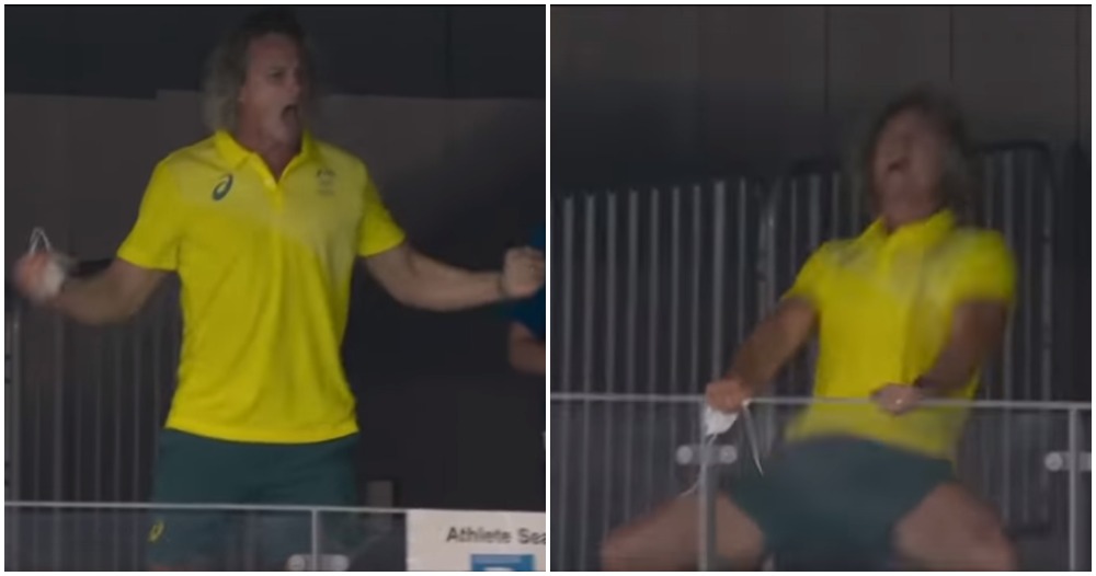 DeanBoxall swimming coach reaction at win