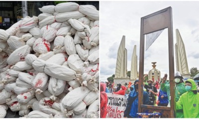 mountain of mock corpses and guillotine during the thai protest