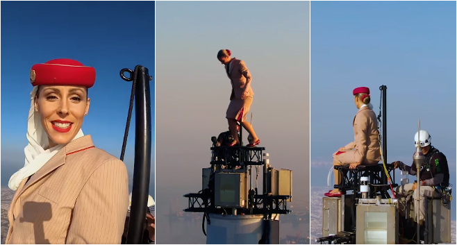Emirates Cabin Crew Stand On Top Of Burj Khalifa