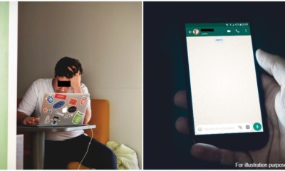 frustrated man looking at laptop and phone using whatsapp