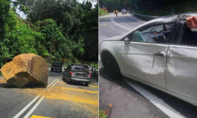 Large Boulder Fell On Car In Penang