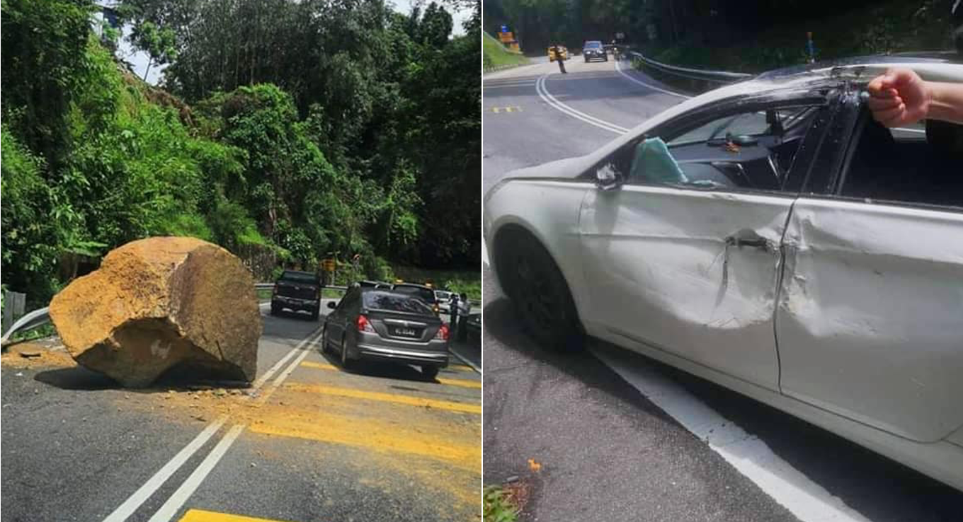 Large Boulder Fell On Car In Penang