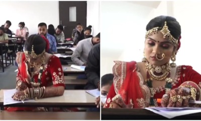 bride takes exam in wedding saree