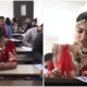 bride takes exam in wedding saree