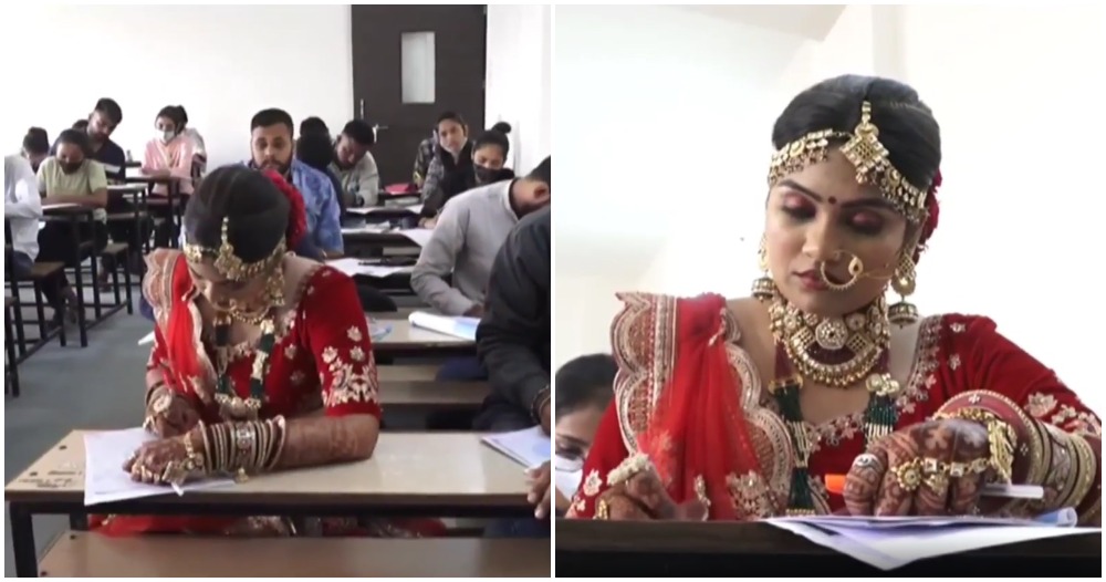 bride takes exam in wedding saree