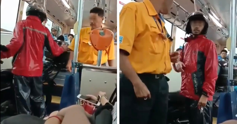 bus driver helps motorcyclist