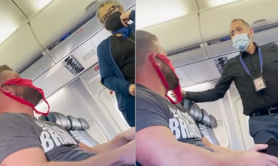 man wears red thong as mask