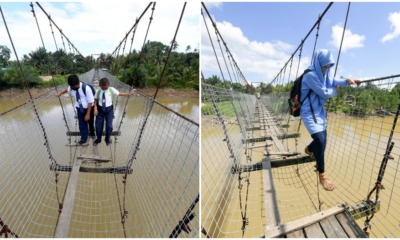 students crossing dangerous bridge to get to school