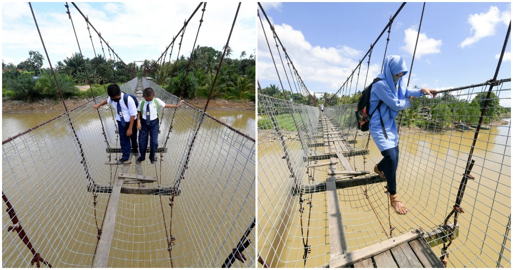 students crossing dangerous bridge to get to school