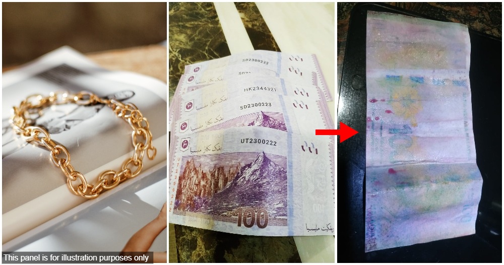 counterfeit bills to buy gold bracelet