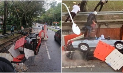 car in hole ppl save woman and child