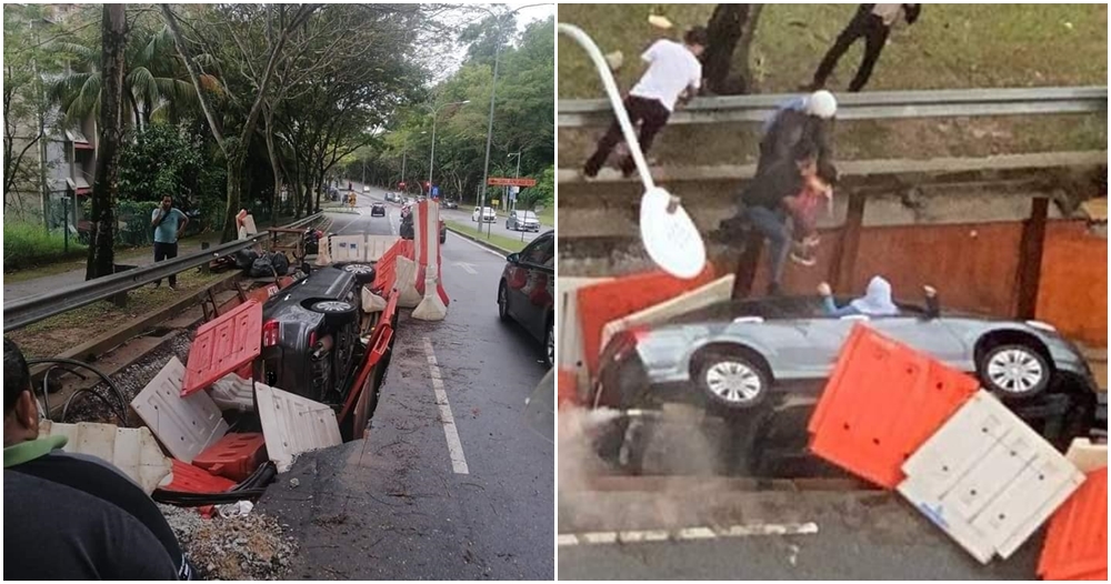 car in hole ppl save woman and child