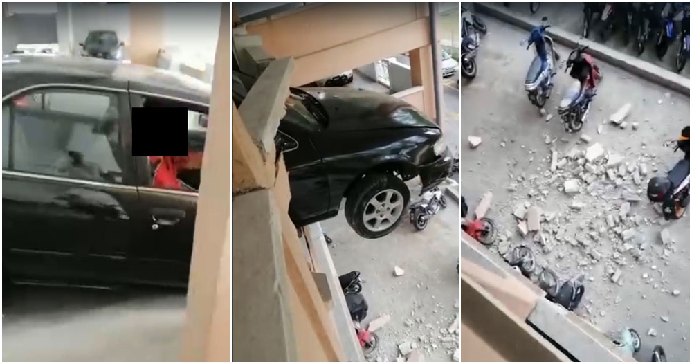 car crash hang from building