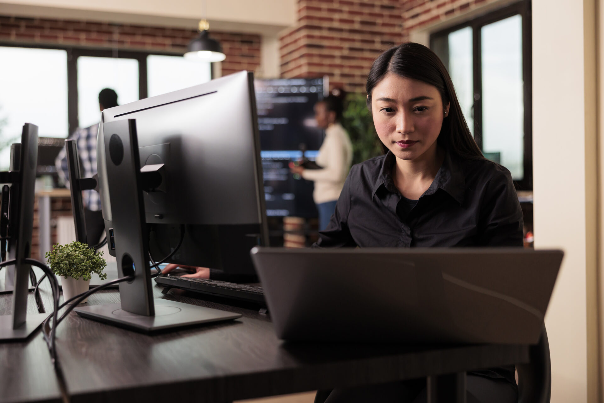 Freelance Coder Typing Machine Learning Server Code Sitting Desk Table It Software Company Software Developer Working Database System With Coding Script It Developing Office